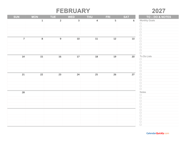 February 2027 Calendar with To-Do List