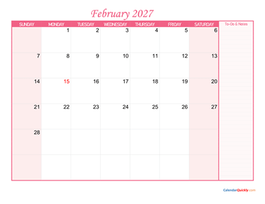 February Calendar 2027 with Notes