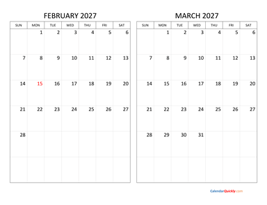 February and March 2027 Calendar Horizontal