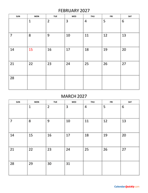 February and March 2027 Calendar Vertical