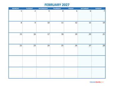 February Monday 2027 Blank Calendar