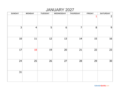 January 2027 Blank Calendar