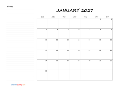 January Blank Calendar 2027 with Notes