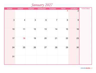 January Calendar 2027 with Notes