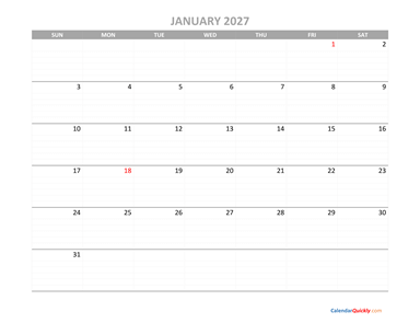 January Calendar 2027 Printable
