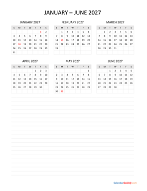 January to June 2027 Calendar with Notes