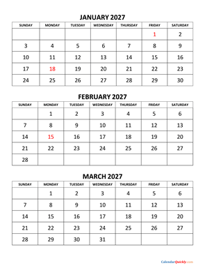 January to March 2027 Calendar Vertical
