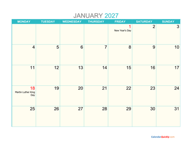 January Monday 2027 Calendar Printable