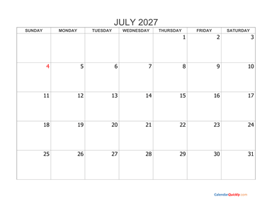 July 2027 Blank Calendar