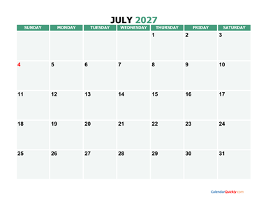 July 2027 Printable Calendar