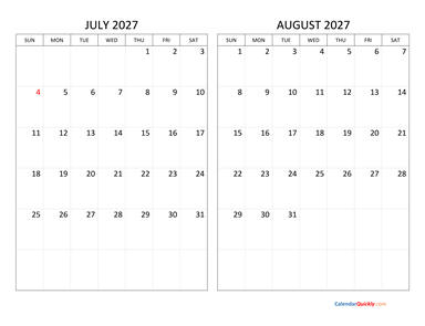 July and August 2027 Calendar Horizontal