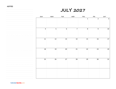 July Blank Calendar 2027 with Notes
