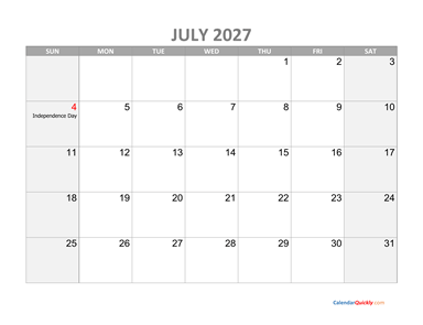 July Calendar 2027 with Holidays