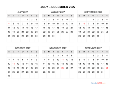 July to December 2027 Calendar Horizontal