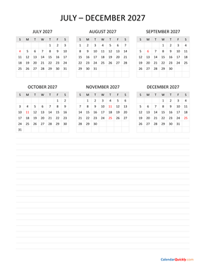 July to December 2027 Calendar with Notes