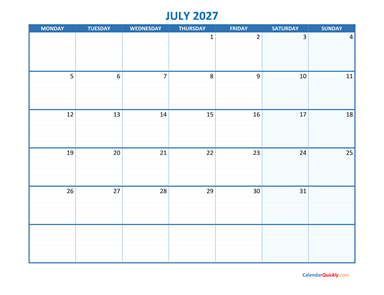 July Monday 2027 Blank Calendar