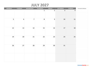 July Monday Calendar 2027 with Notes
