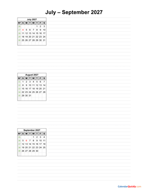 July to September 2027 Calendar with Notes