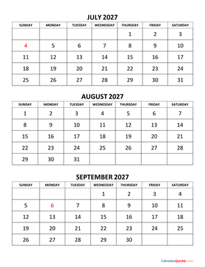 July to September 2027 Calendar Vertical