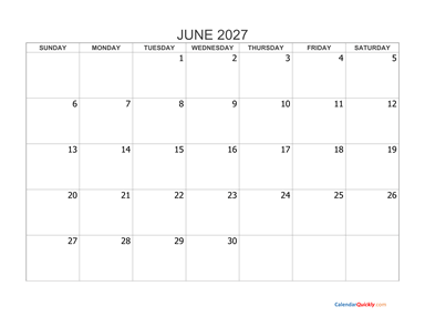 June 2027 Blank Calendar