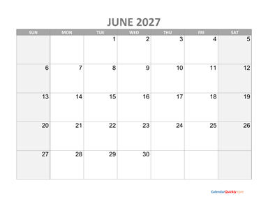June Calendar 2027 with Holidays