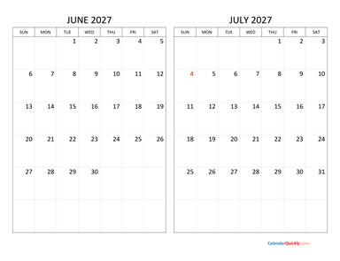June and July 2027 Calendar Horizontal