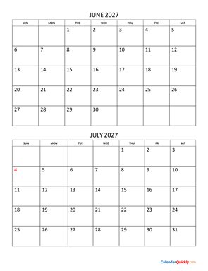 June and July 2027 Calendar Vertical
