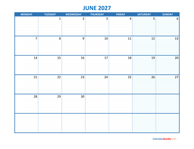 June Monday 2027 Blank Calendar