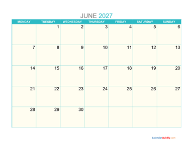 June Monday 2027 Calendar Printable