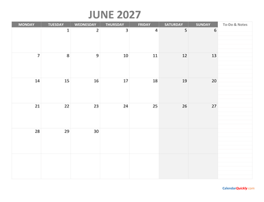 June Monday Calendar 2027 with Notes