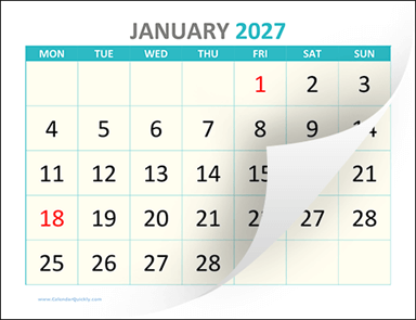 Large Monday Printable 2027 Calendar