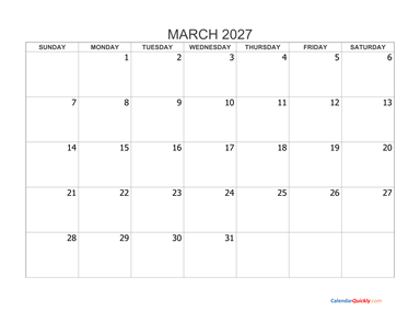 March 2027 Blank Calendar