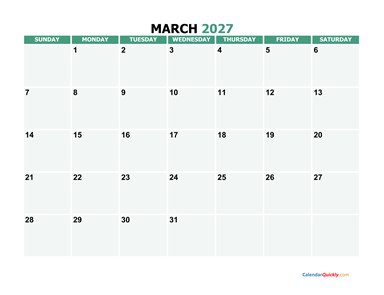 March 2027 Printable Calendar
