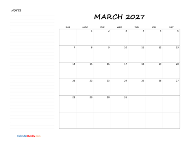 March Blank Calendar 2027 with Notes