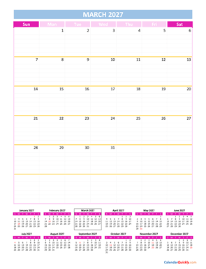 March Calendar 2027 Vertical
