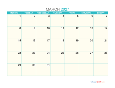 March Monday 2027 Calendar Printable