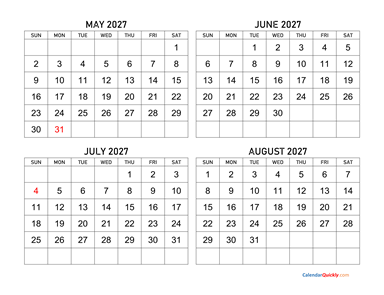 May to August 2027 Calendar