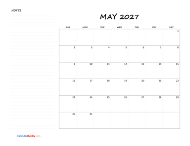 May Blank Calendar 2027 with Notes