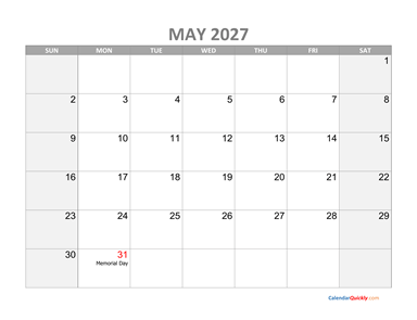 May Calendar 2027 with Holidays