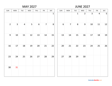 May and June 2027 Calendar Horizontal