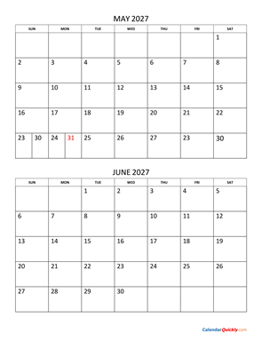 May and June 2027 Calendar Vertical