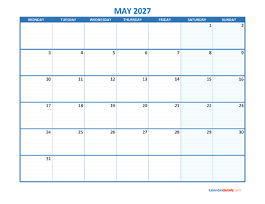 May Monday 2027 Blank Calendar
