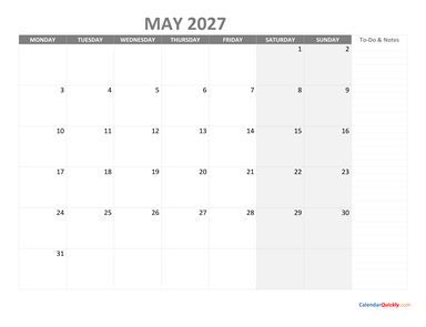May Monday Calendar 2027 with Notes