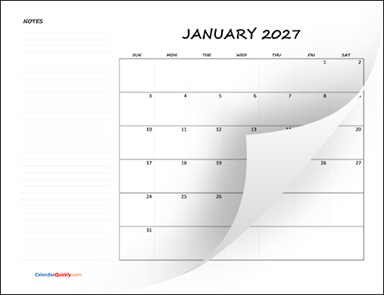 Monthly Blank Calendar 2027 with Notes