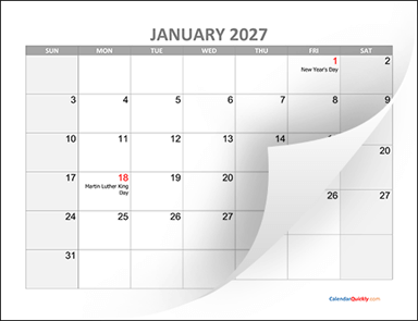 Monthly Calendar 2027 with Holidays