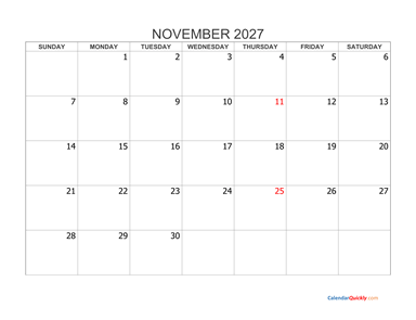 November 2027 Blank Calendar