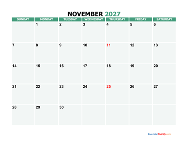 November 2027 Printable Calendar