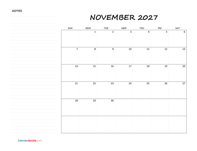 November Blank Calendar 2027 with Notes