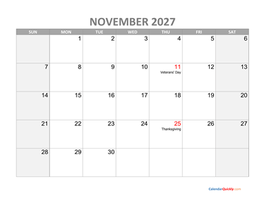 November Calendar 2027 with Holidays