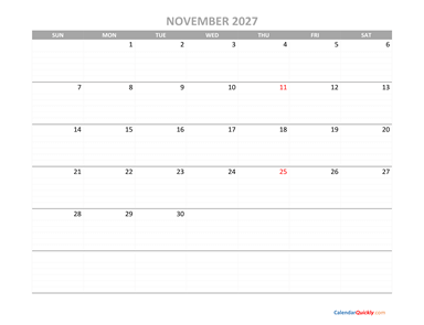 November Calendar 2027 Printable